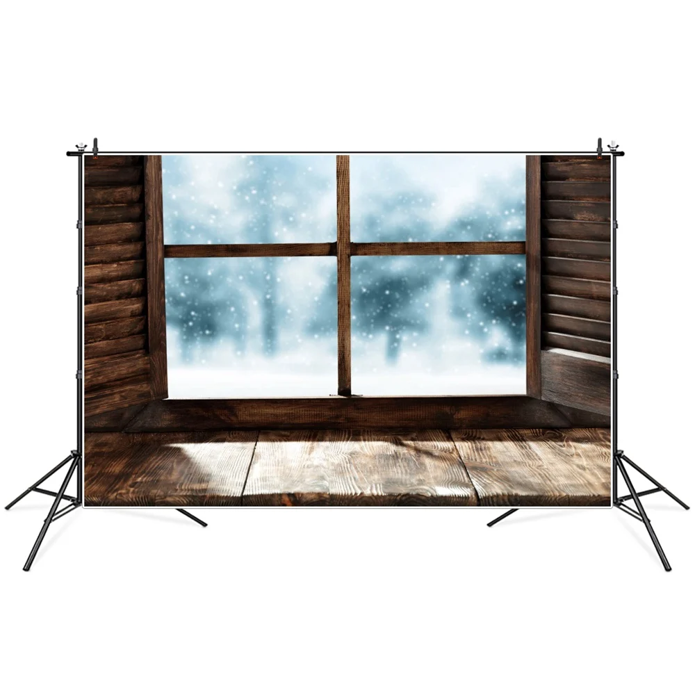 

Christmas Wooden Bay Window Snow Scene Photography Backgrounds Custom Baby Party Decoration Ins Studio Photo Booth Backdrops