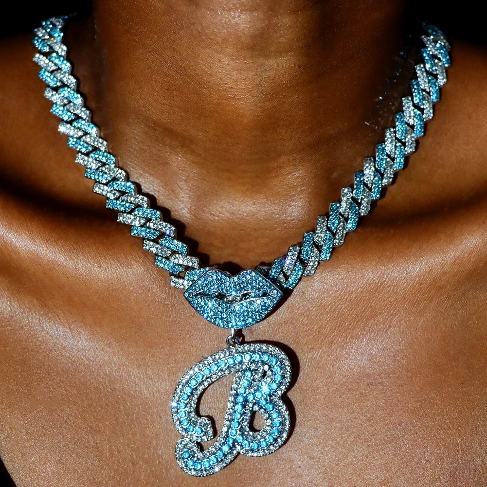 Hip Hop Blue Rhinestone Cuban Chain Micro Paved Bling Cursive Initial Name Pendant Necklace For Women New Trendy Jewelry Gifts
