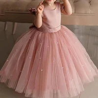puffy pink girl dresses satin bow pearls princess dress kids first communion dresses birthday party gown prom dress