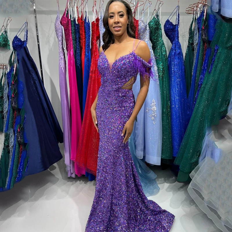 

Luxury Mermaid Evening Dresses Sheer Sequins Tassel Prom Dress Spaghetti Strap Sleeveless Sweep Train Formal Party Gown