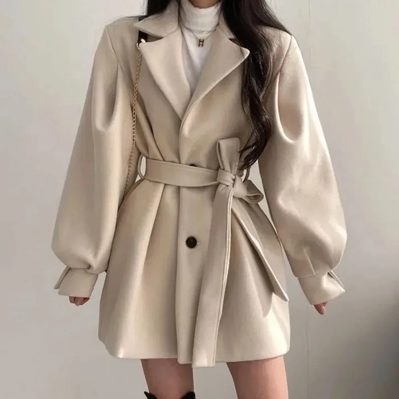 

Куртка женская из искусственной шерсти, модное элегантное пальто с поясом, Повседневная Туника с высокой талией, Смешанная верхняя одежда в Корейском стиле, на осень