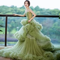 green spaghetti strap evening dress long trailing strapless tulle banquet dresses lace up illusion layered formal party gowns