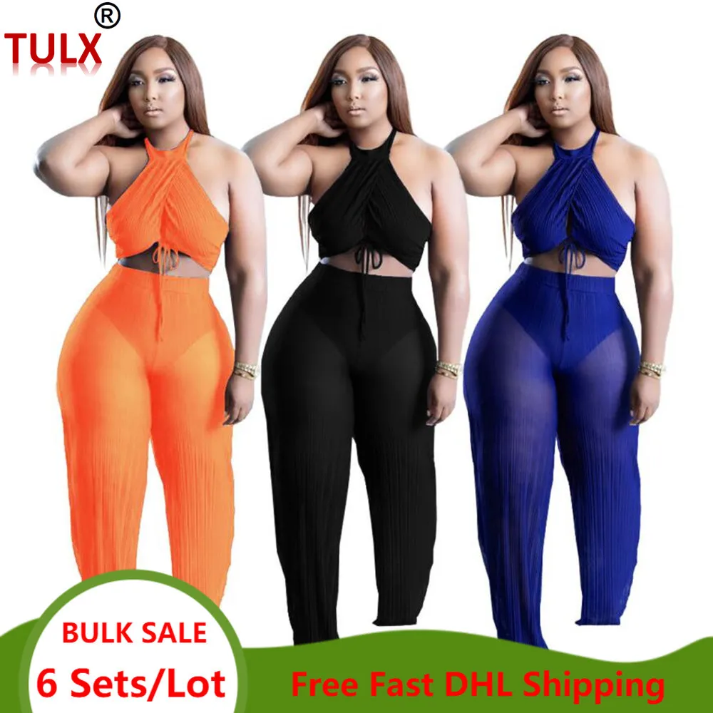 

6 комплектов, Женский шифоновый комплект из двух предметов, пляжные праздничные костюмы, укороченный топ с завязкой на шее, прозрачные плиссированные брюки с высокой талией, 7745