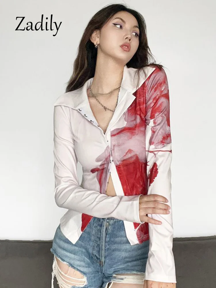 

2023 Summer Streetwear Long Sleeve Women 90S White Shirt Y2K Slim Buttonm Up Tie Dye Printing Women Blouse Sexy Tops