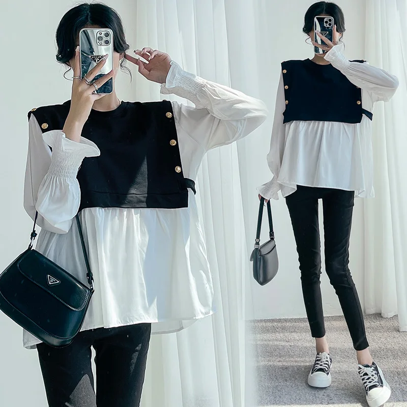 

151# Autumn Spring Patchwork Maternity Blouse Long Sleeve Loose Shirt Clothes for Pregnant Women Chic Ins Pregnancy Tees Tops