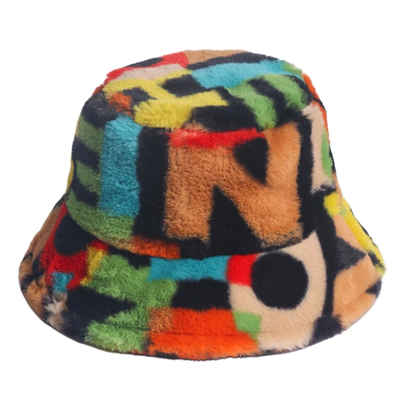 Women Winter Thicken Warm Fuzzy Plush Bucket Hat Colorful Alphabet Letters Print Harajuku Outdoor Packable Panama Fisherman Cap