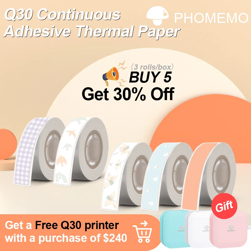 3 Rolls/Box Q30 Continuous Adhesive Thermal Paper Label Sticker Waterproof Sticker Label Tape for Phomemo Q30/D30S Label Pirnter