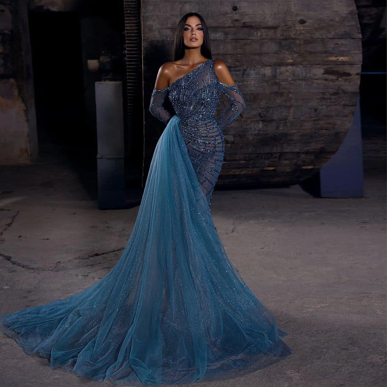 

Sparkle Navy Blue Lace Mermaid Evening Dresses With Tulle Over Wrap Skirts See Thru Full Sleeves One Shoulder Long Evening Gowns