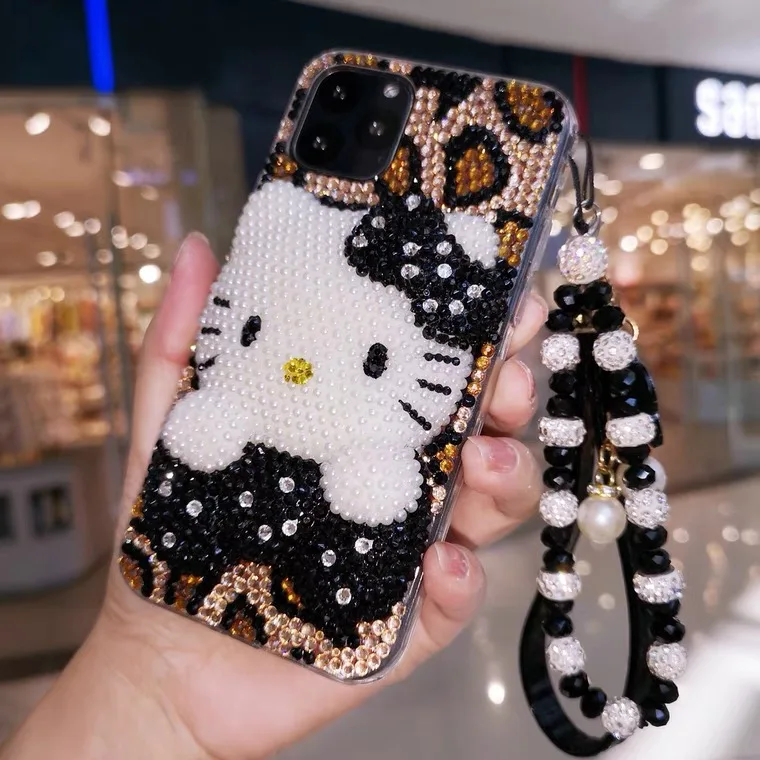 

3D Cartoon Sanrio Hello Kitty Luxury Flash Drilling With Bracelet Phone Cases For iPhone 14 13 12 11 Pro Max Back Cover Y2k Girl