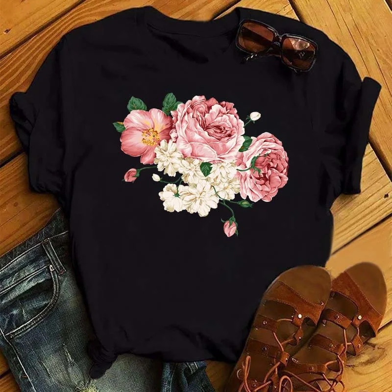 

Women Floral Flower Print Harajuku Summer T shirt Casual Fashion Round Neck Short Sleeve Top Tee Female Shirt,Drop Ship