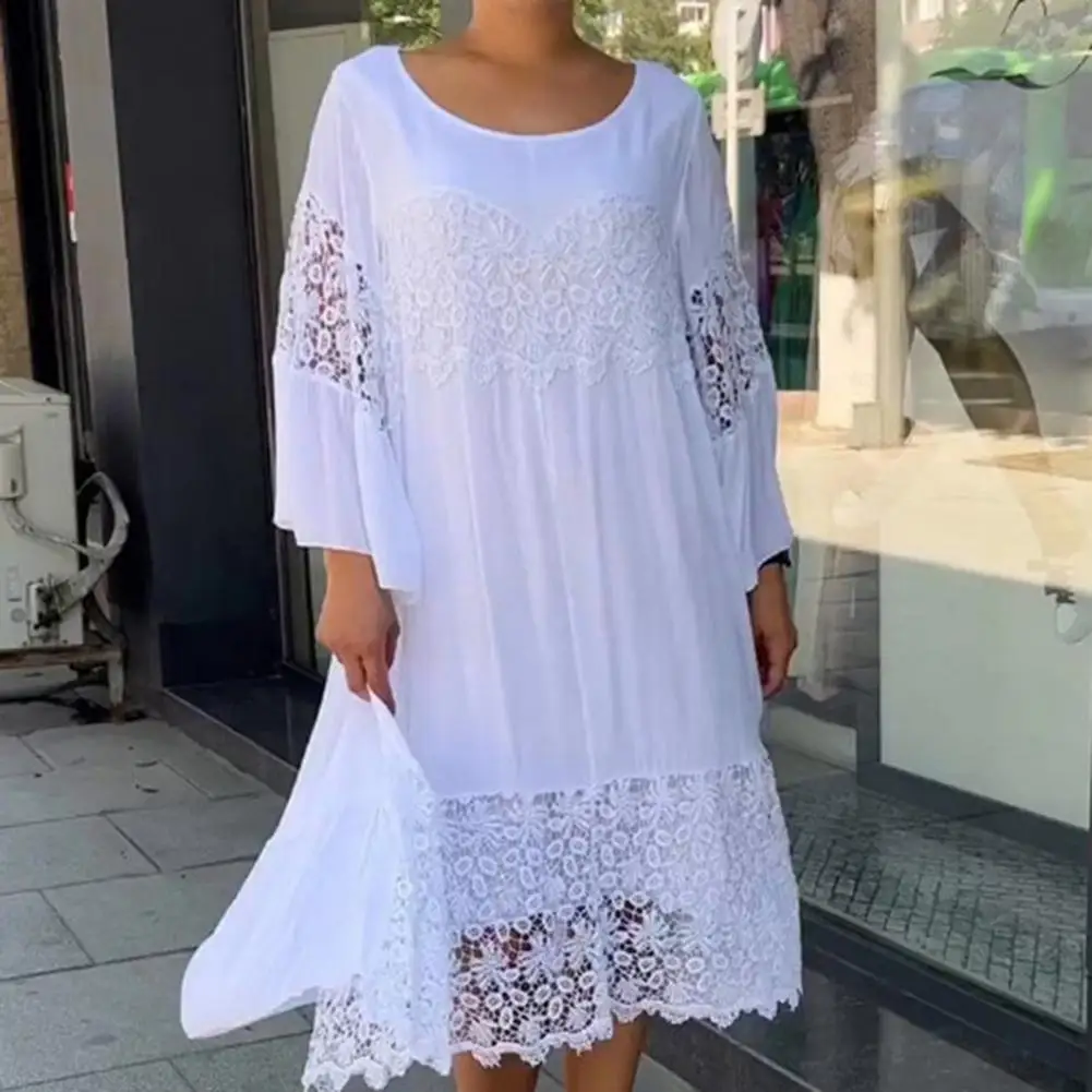 

Lace Shirt Dress Chic Lace Stitched Midi Dresses for Women Loose Fit Solid Colors for Parties Streetwear Fashion Hollow Sleeve
