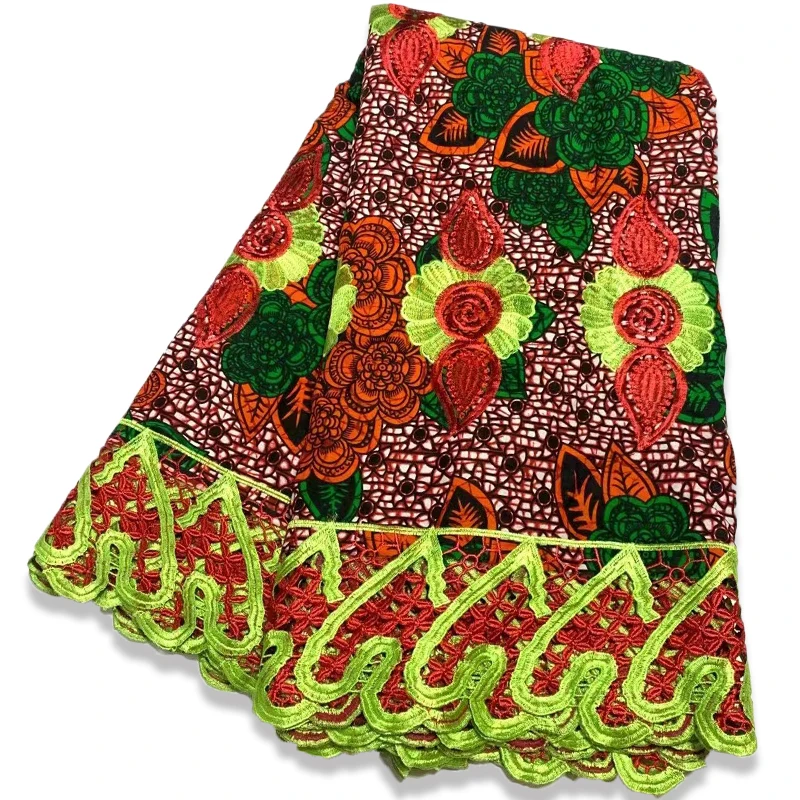 

2022 Pretty Embroidery African Ankara Wax Fabric Lace Nigeria Women Print Cloth For Sewing Party Dress French Cotton Fabric A2