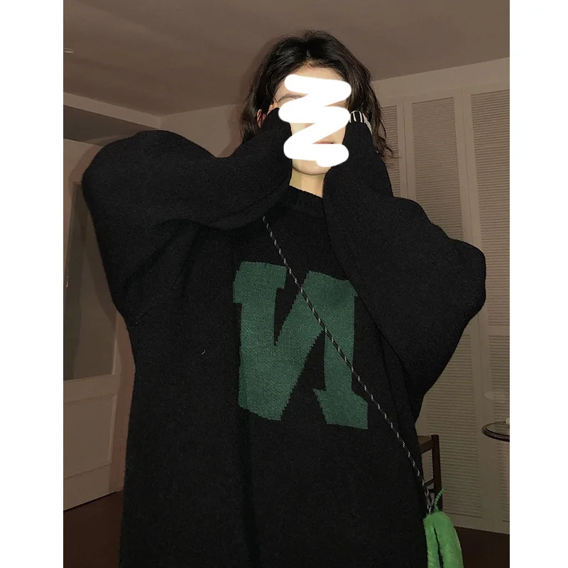 Autumn 2022 New Crew Neck Sweater Women's Spring and Autumn Monsoon Loose Letter Knitwear Coat Women