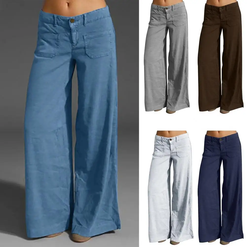 

Women Pants High Waist Wide Leg Loose Zipper Button Closure Full Length Solid Color Pockets Soft Flared Hem Lady Long Trousers