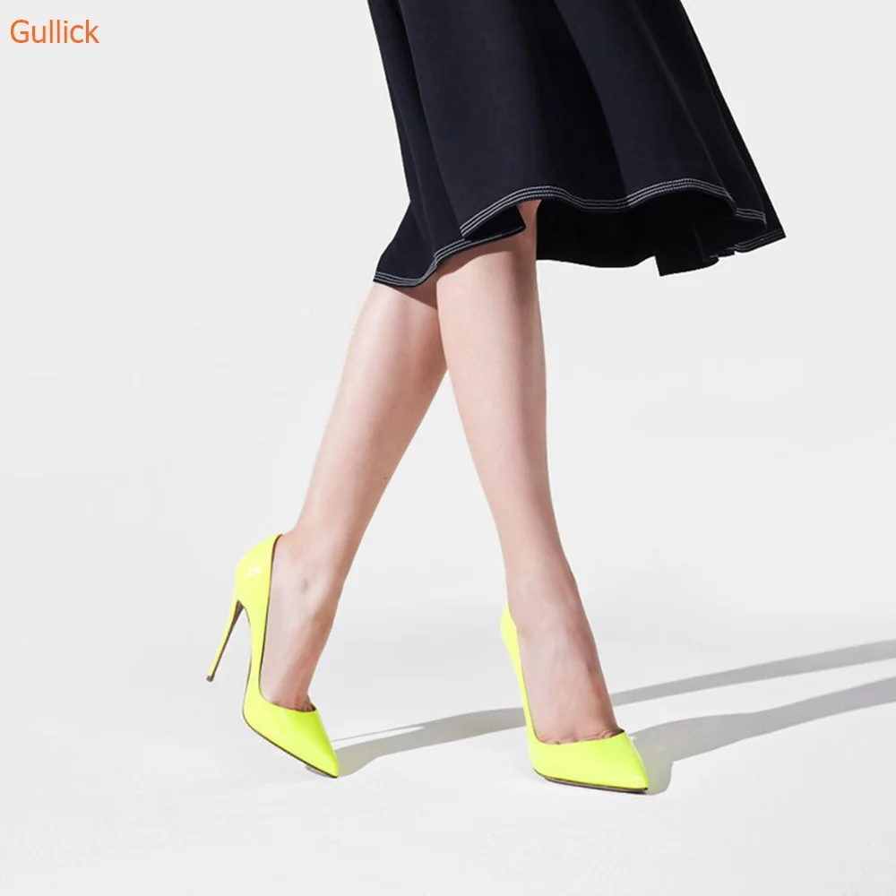 Yellow Patent Leather Sexy Pumps Slip On Thin Heels Pointed Toe Shoes Women Purple Fabric Fashion Spring Autumn Pumps