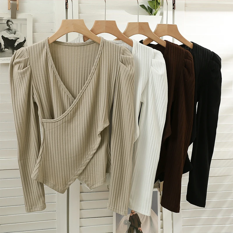 

Knitted Autumn T-Shirts Women Winter Criss-cross Long Sleeve V-Neck Femme Tees Tops Korean Fashion Pleated Skinny Woman TShirts