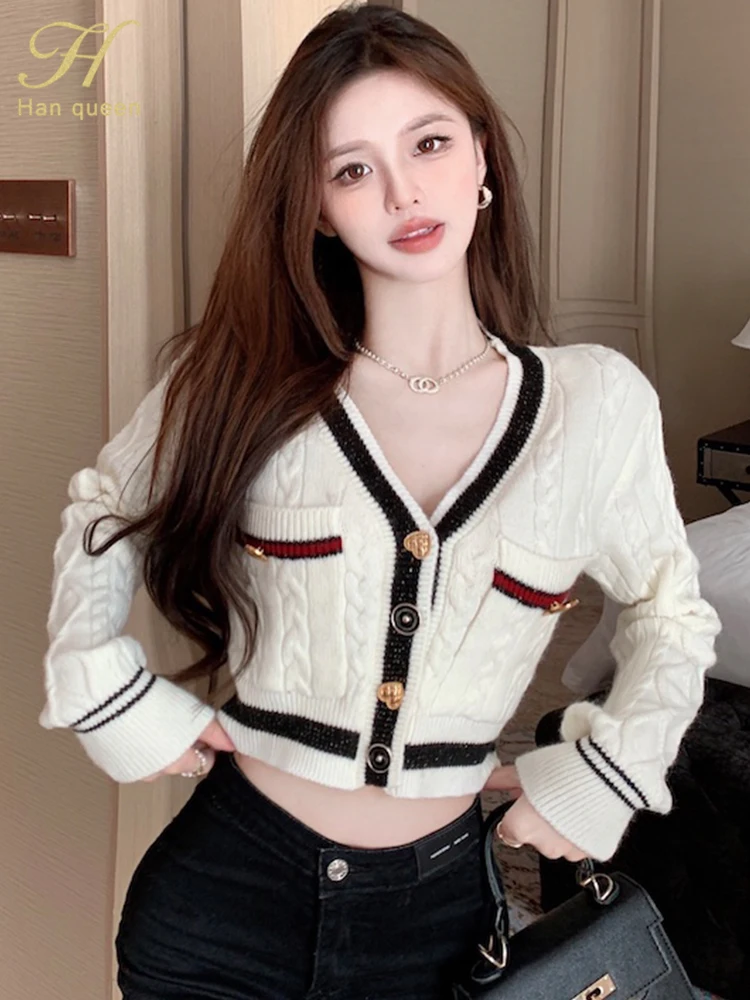 

H Han Queen 2022 Autumn Winter New Retro Korean Chic Knitted Cardigans Sweaters Women's Basic V-Neck Long Sleeve Cardigan Tops