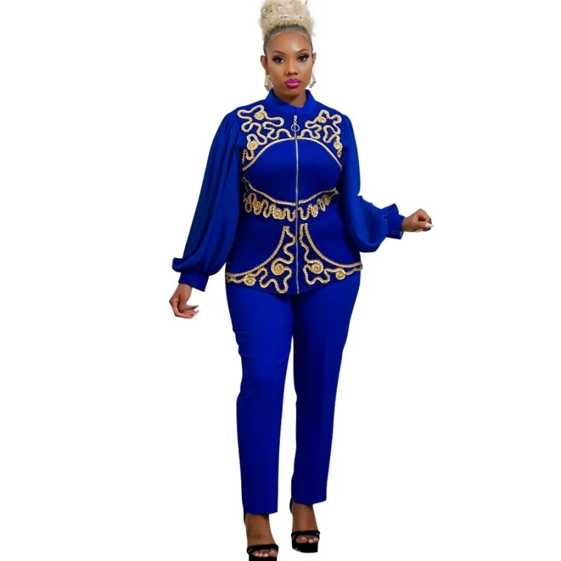 

Two Piece Set Women Zipper Stand Collar Lantern Sleeve Tops Outfits Spring Autumn Appliques Fashion Office Lady Pant Suits Sets