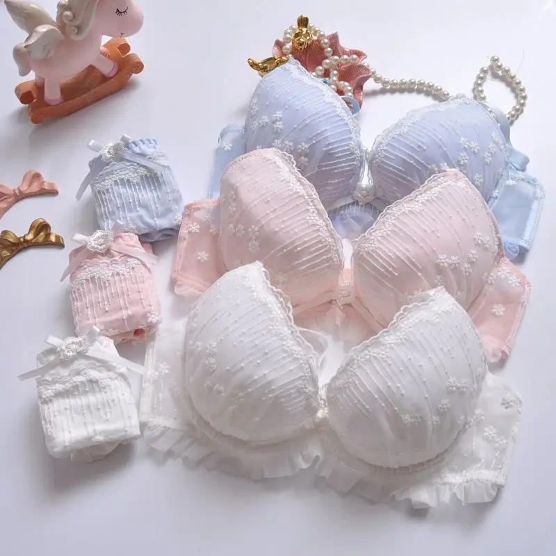 

Girls Summer Sexy Lace Bra Set Thin Cup Lingerie Flower Embroidery Breathable Comfortable Cute Students Underwear Plus Size Bra