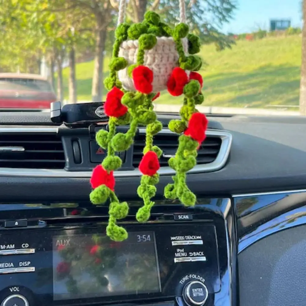 

Car Mirror Hanging Accessory Handmade Knitted Cute Crochet Potted Plant Rear View Decor Car Interior Accessories