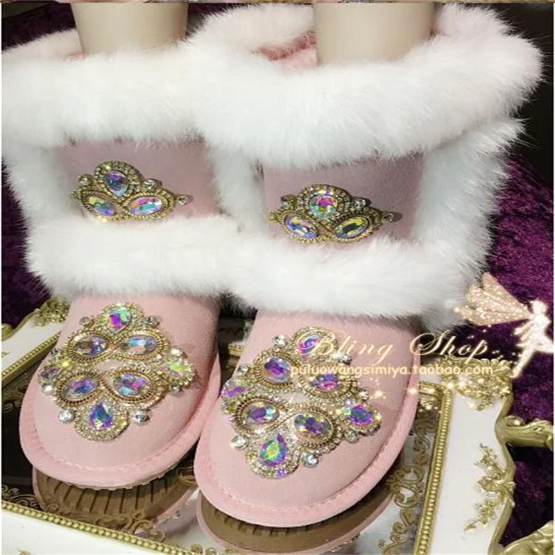 

Pink high-top boots fox fur handmade custom sequins comfortable walking handmade sequins winter boots 35-44