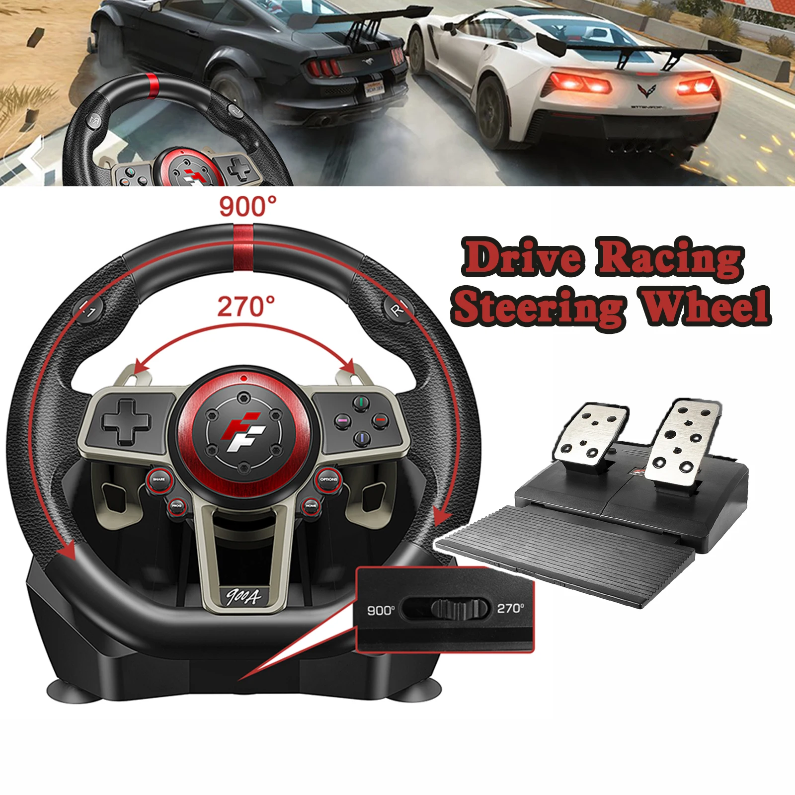 Gaming Racing Wheel With Responsive Pedals for PC /PS3/PS4/Xbox One/360/Nintendo Switch Accessories Vibration Simracing Volante