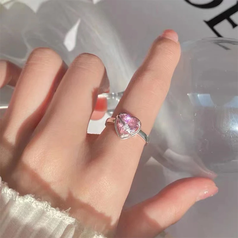 

Heart-shaped Pink Stone Silver Open Rings Romantic Women's Simple Trendy Anillos Party Gifts Exquisite Jewelry Accessories