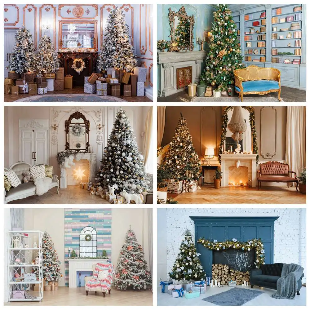 

Christmas Decoration Fireplace Photography Backdrop Kids Living Room Bookshelf Tropical Flower Star Lights Home Photo Background