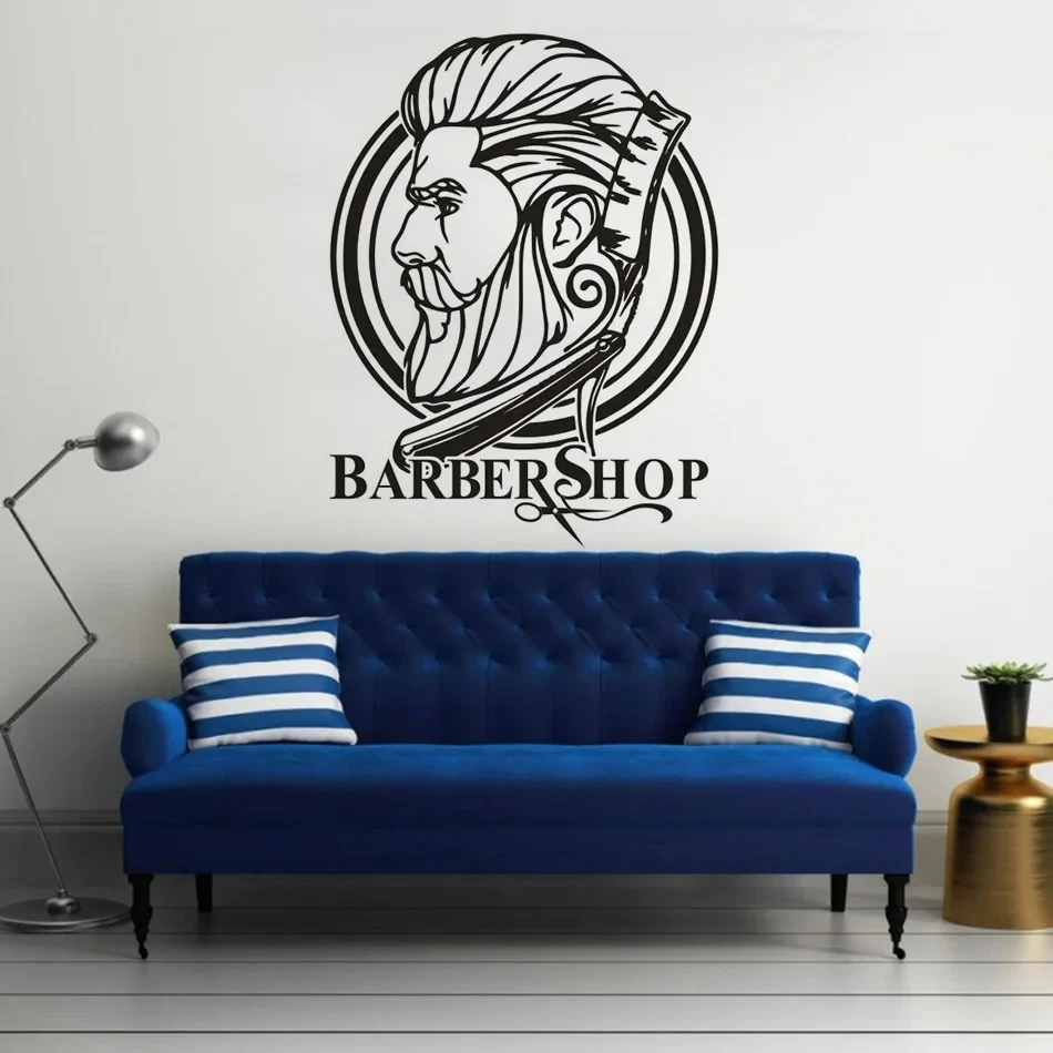 Мужская вырезка волос на стену Sitcker Barbershop логотип наклейки для студия