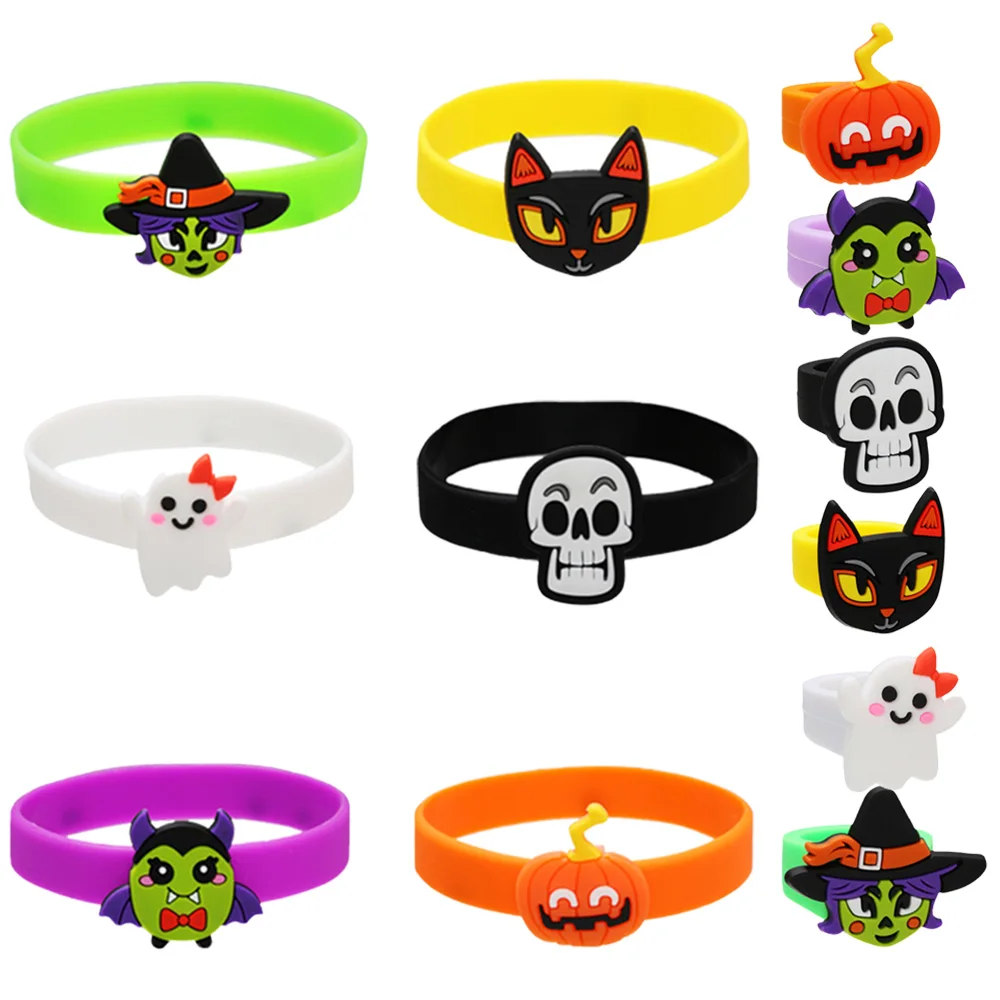 

6Psc Halloween Party Decorations Silicone Candy Color Kids Ring Bracelet Wristband Pumpkin Cat Skull Witch Ghost Bat