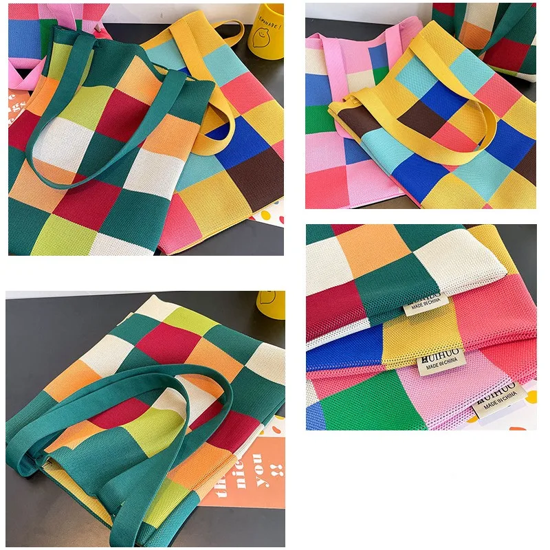 Новая Радужная Шахматная сумка женская вязаная шерстяная сумка-мешок ручной