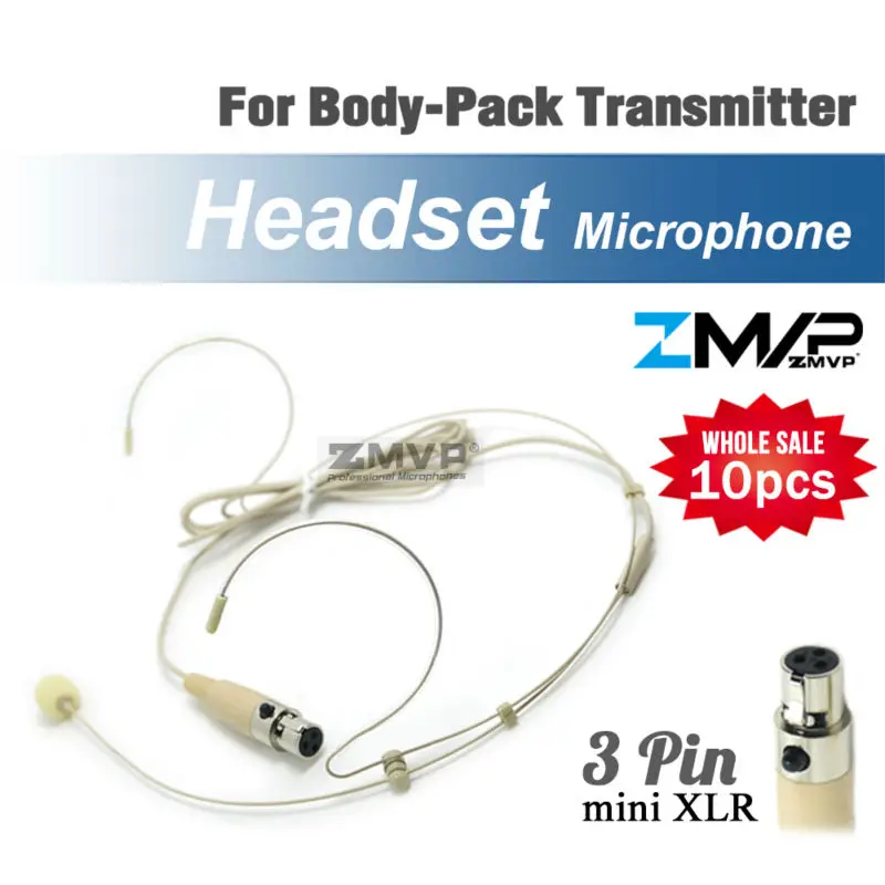 

10pcs Headset Headworn Professional Condenser Microphone Mini 3pin XLR TA3F plug Mic for Shure Wireless Bodypack Transmitter