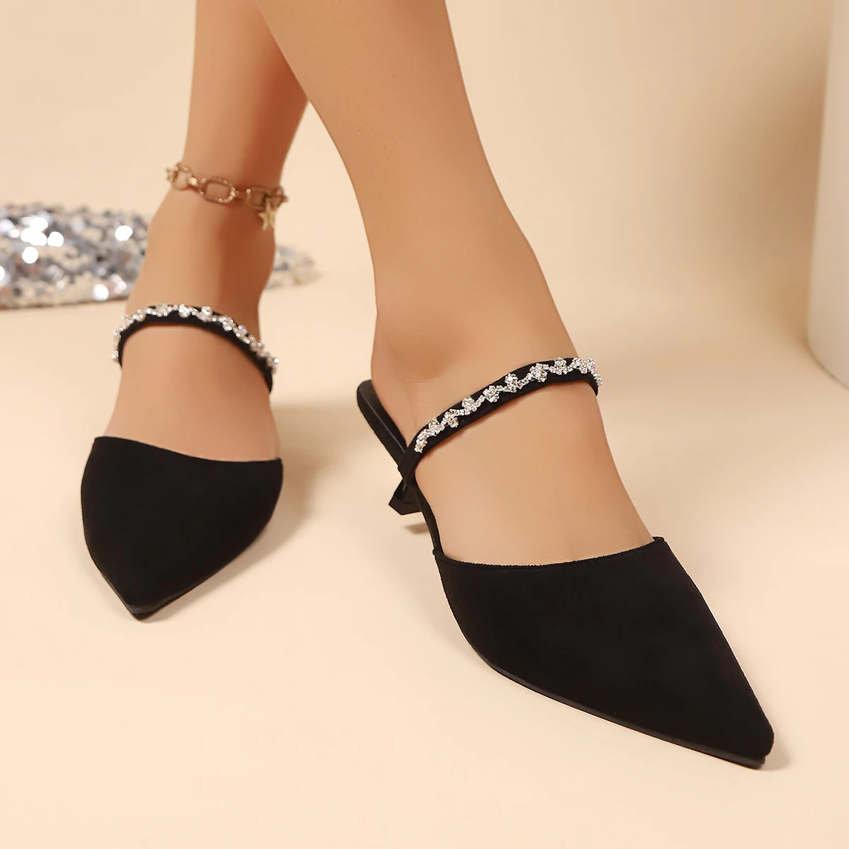 2025 черные туфли-лодочки на каблуке со стразами для женщин элегантные блестящие