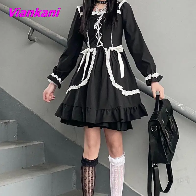 

Women Lolita Dress Gothic Balck Bandage Bow Mini Dress 2022 Fashion Kawaii Lace Patchwork Square Collar Long Sleeve Female Robe