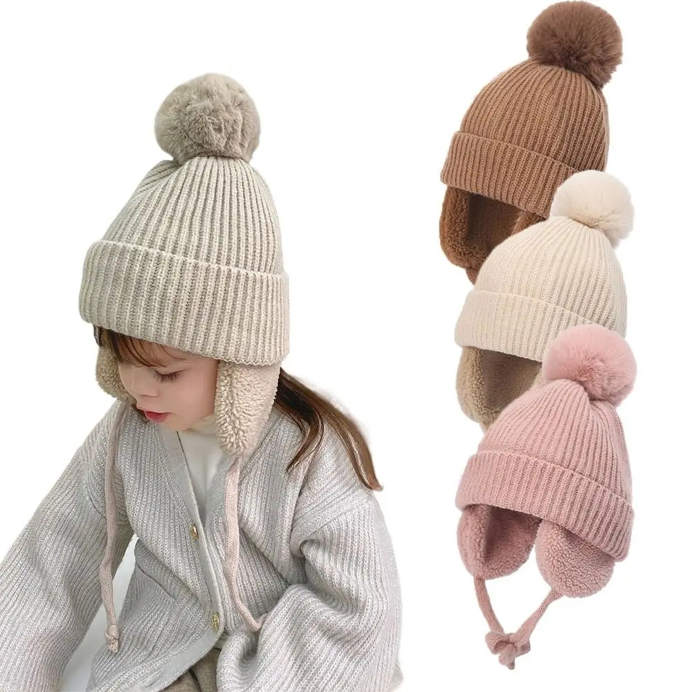 

Children Winter Cap New Fashion Wool Windproof Warm EarFlaps Cotton Cute Knitted Cashmere Hat With Pompoms 3-8 Year Children's