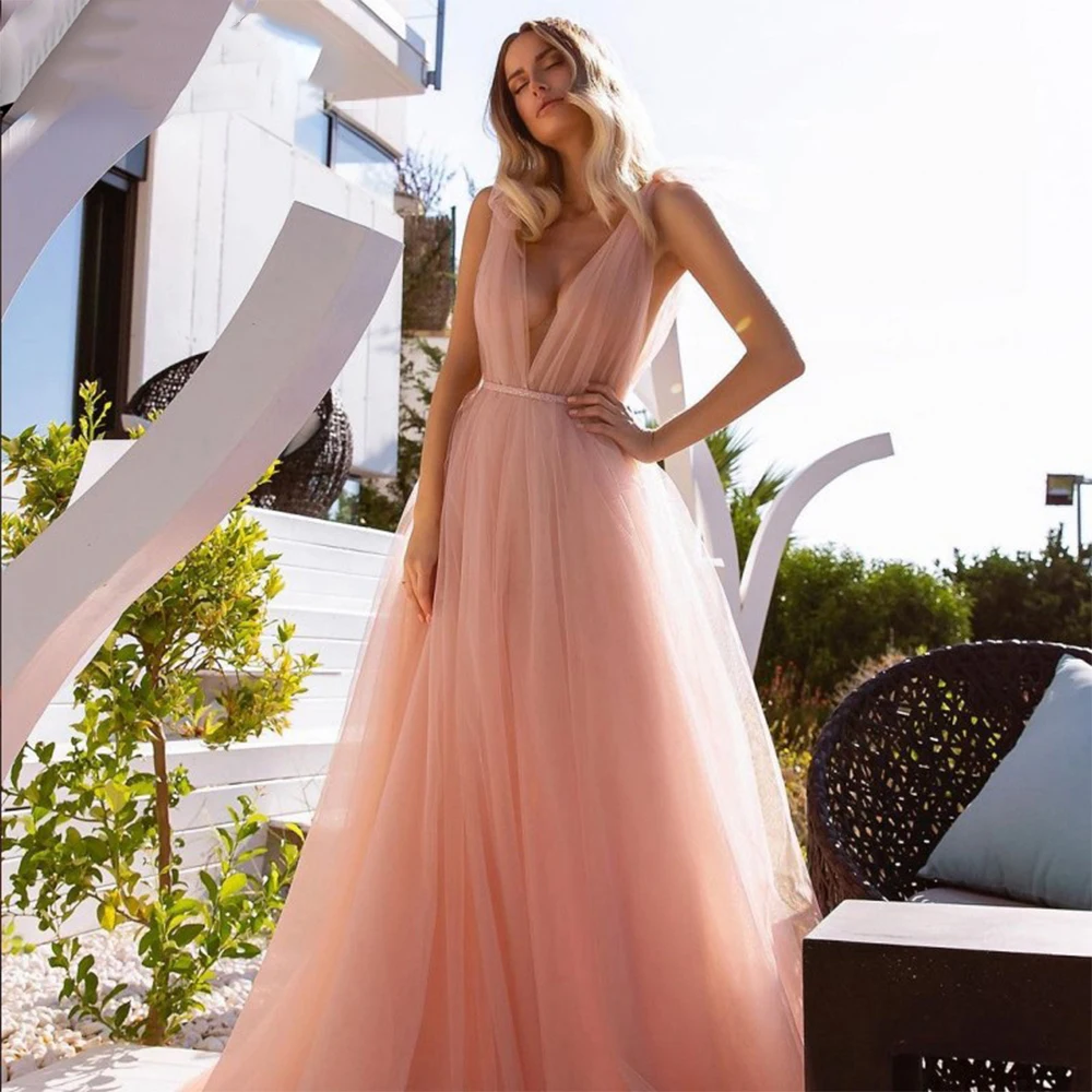 

Sexy Luxury Deep V Neck Spaghetti Strap Prom Dress 2022 Tulle Sleeveless Evening Dress Sexy Pleated Dress for Wedding Party