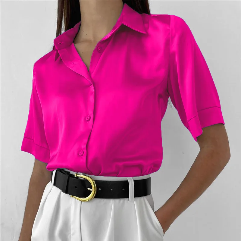 

2022 Office Lady Short Sleeved Satin Shirt Casual Loose Buttons Summer Blouse Women Elegant Tops Women Clothing Blusas 18917