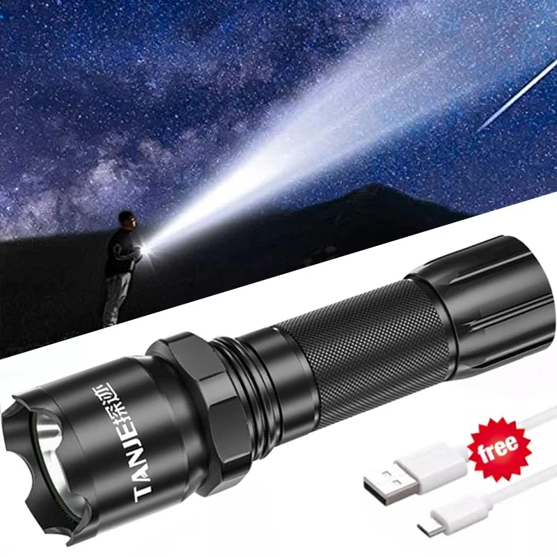 Powerful  LED Flashlight Strong Bright Aluminum Alloy Portable Torch USB Rechargeable Outdoor Camping Tactical Flash Light