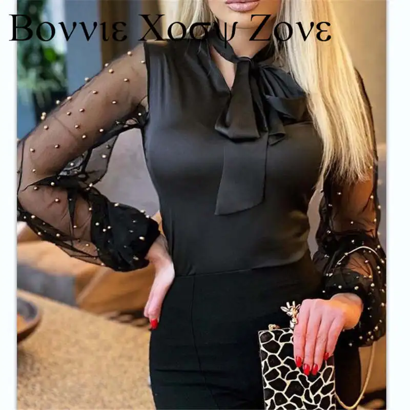 

Women Top For Spring Puff Sleeve Tie Neck Beaded Contrast Mesh Top