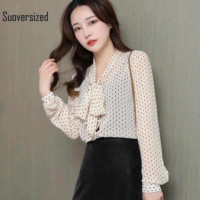 

Spring Polka Dot Printed Baggy Casual Chiffon Bow Lace Up Full Sleeve Blouses Office Lady Elegant Vintage New Fashion Chic Tops