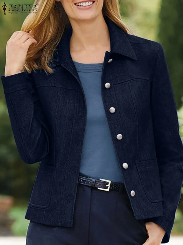 Куртка ZANZEA женская джинсовая с длинным рукавом модная верхняя одежда из денима
