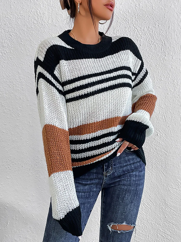 

Женский полосатый пуловер Benuynffy, свитер с круглым вырезом и длинным рукавом, вязаные Свободные повседневные осенние свитера, топы для женщин