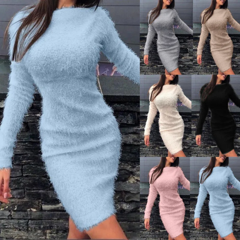 

2022 Autumn and Winter New Sexy Women's Plush Waist All-match Long-sleeved Dress