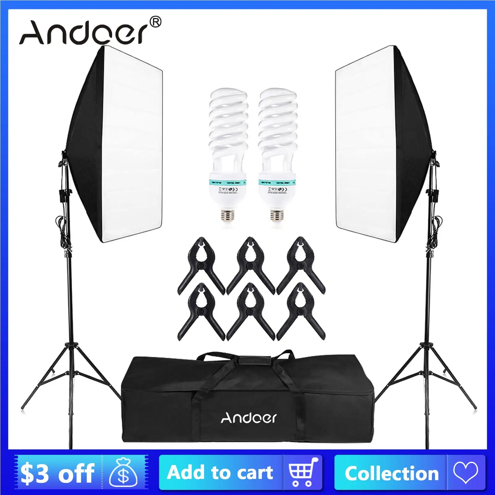 

Andoer Photography Studio Cube Umbrella Softbox Light Tent Kit 2*135W Bulb 2*Tripod Stand 2*Softbox 6*Clip Carrying Bag EU PLUG