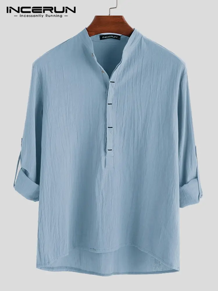 INCERUN Tops Men Solid Collar Harajuku Long Sleeve Shirts Leisure Breathable Hot Sale Cotton Linen Blouse Camisa Masculina 2022