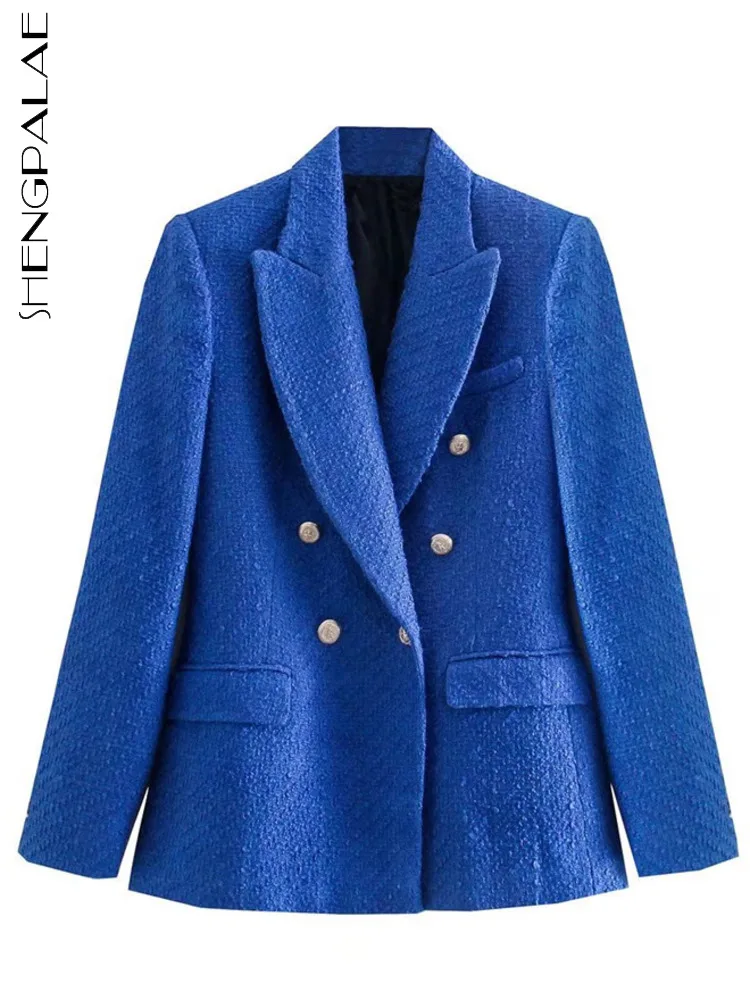 

SHENGPAIAE синий двубортный с карманами длинный рукав свободный костюм для женщин 2022 осень и зима мода Высокое качество Новый 5W451