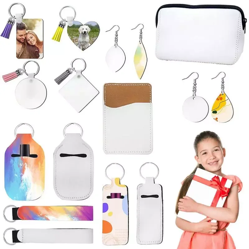 

Sublimation Earring Blanks Double-sided Sublimation Products 32Pcs Keychain With Tassel Key Chain Wristband Lipstick Holder For