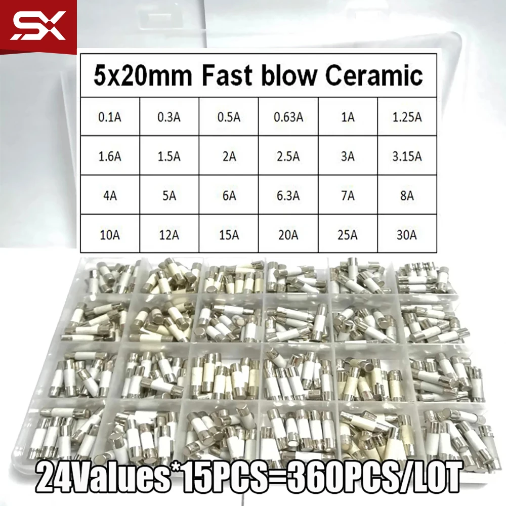 360 шт., керамический предохранитель, 24 значения, 5*20 мм