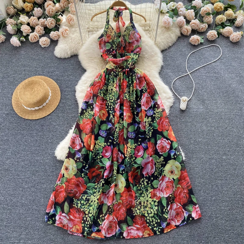 

Женское пляжное платье с принтом в стиле ретро, летнее тонкое длинное платье с открытой спиной на шнуровке