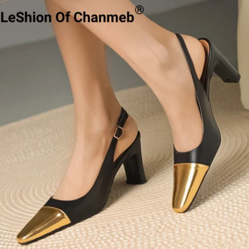 

LeShion Of Chanmeb Genuine Leather Heeled Shoes Women Luxury Brand Mixed Color Thick High Heels Pumps Office Ladies Slingback 39